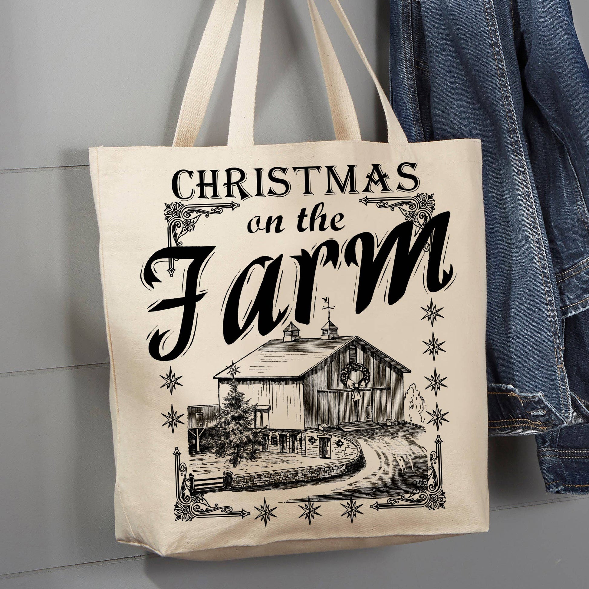 Christmas on the Farm Barn, 12 oz  Tote Bag