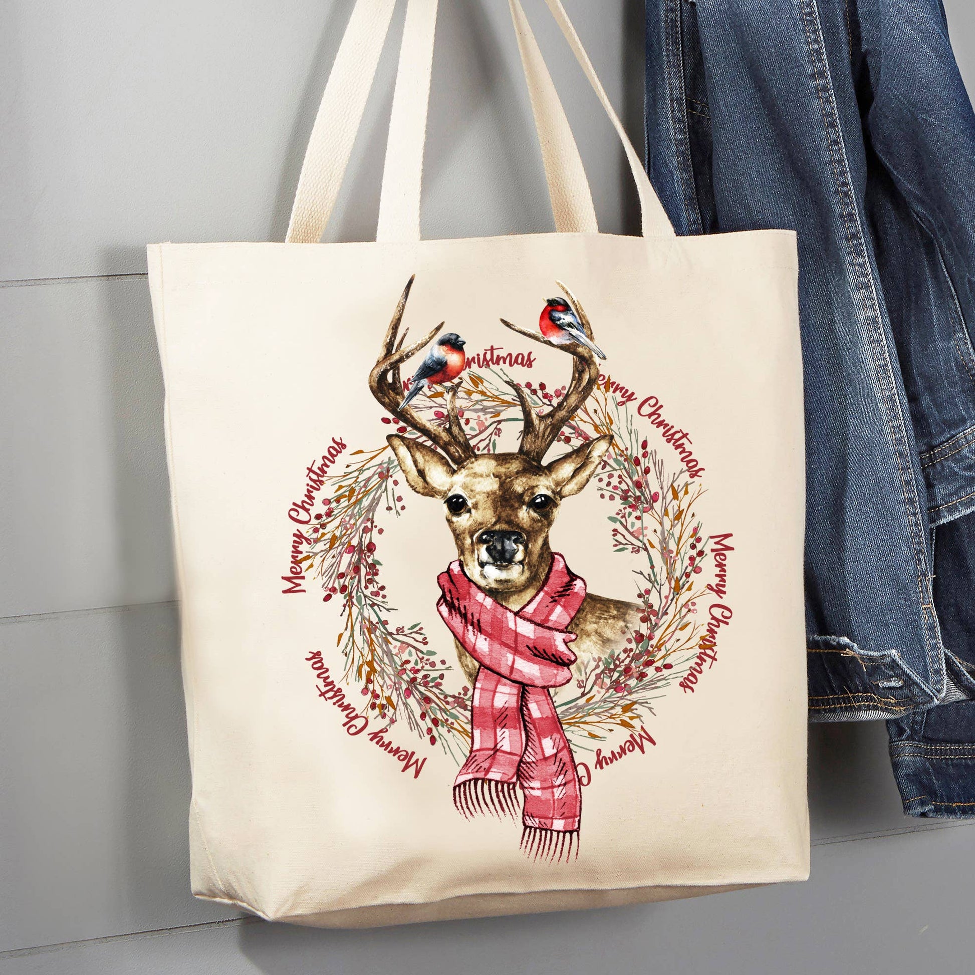 Merry Christmas Reindeer 12 oz Canvas Tote Bag