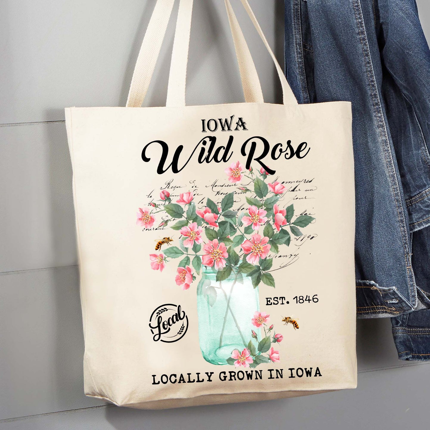 Iowa State Flower Wild Rose Souvenir 12 oz Canvas Tote Bag