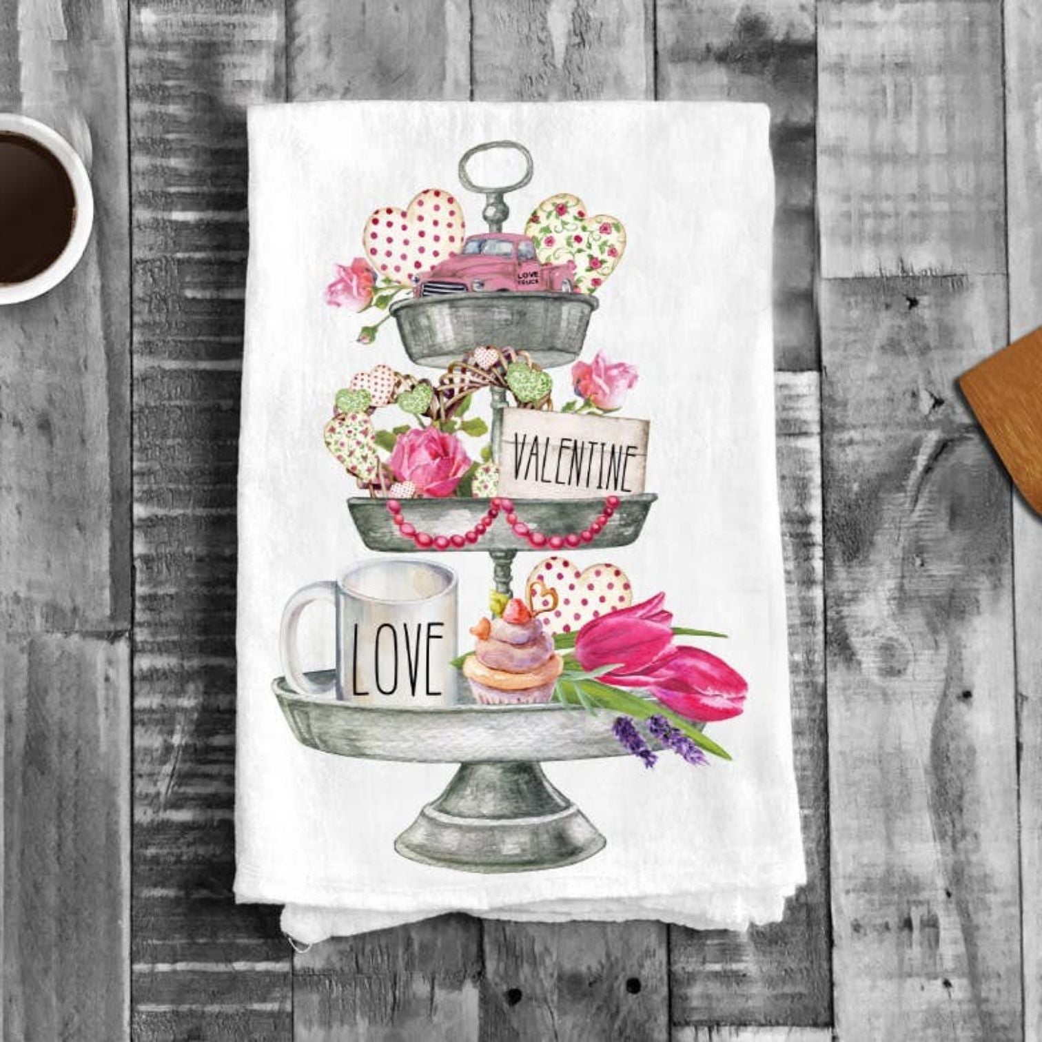 Valentine 3 Tier Tray Love Flour Sack Cotton Tea Towels