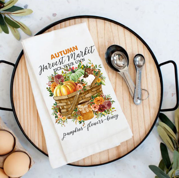 Autumn Fall Harvest Market Pumpkin Flour Sack Tea Towel