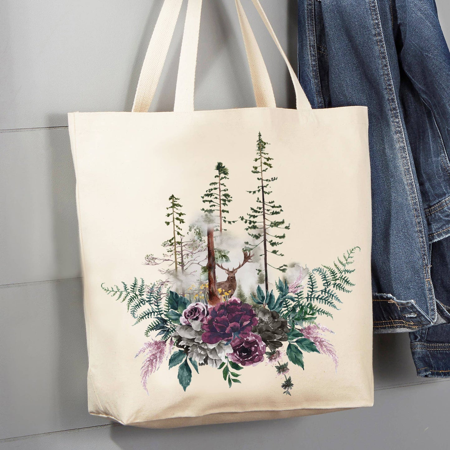 Deer Forest Trees Nature, 12 oz Canvas Tote Bag Grocery