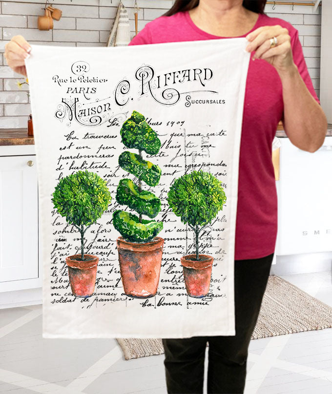 Vintage French Topiary Trees Cotton Kitchen Terry Cloth Towels